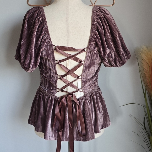 Anthropologie, New, Porridge Purple Velvet Lace-up Peplum Shirt, Size Large - Picture 10 of 16